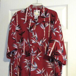BANANA CABANA 100% Silk Red Short Sleeve Shirt Bamboo Print  Size L